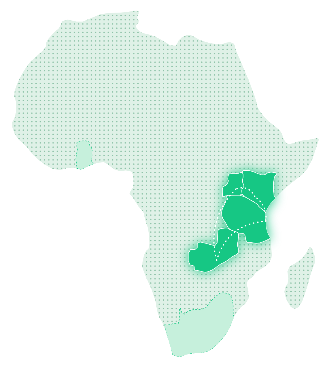Map of Africa. Kenya, Uganda, Tanzania and Zambia are live markets connected to each other. Ghana and South Africa are coming soon.